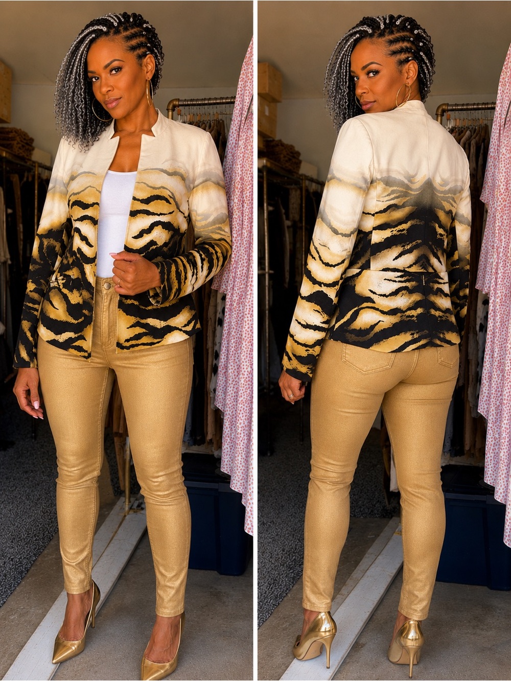 WOMEN'S OMBRE TIGER-PRINT BLAZER - Cream & Gold